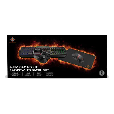 Deltaco GAM-174 gamingkit med headset, tastatur, mus og musemåtte vist på æskens forside.
