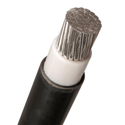 Nexans AXQ kabel med 1x400 mm2 aluminiumsleder, 1 kV, sort med hvid PEX-isolering og sort kappe.