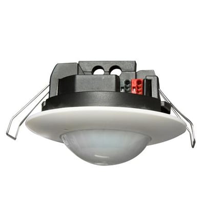 B.E.G. PD2N-KNXs-ST-i tilstedeværelsessensor, KNX Secure klar, hvid indbygningssensor med synlige tilslutningsklemmer på en hvid baggrund.