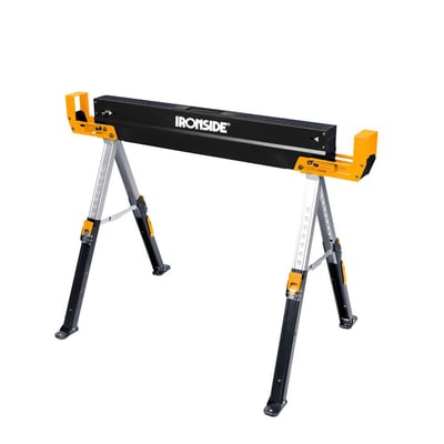 Ironside heavy duty-savbuk i sort, orange og gråt stål, vist udfoldet; maks. belastning 590 kg.