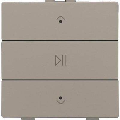 Niko audio tryk i en lys beige farve med tre knapper, øverste og nederste har pile-ikoner, midterste har play/pause symbol.