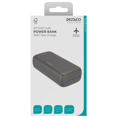 Deltaco sort powerbank på 27.000 mAh med to USB-A-porte og USB-C-port vist på emballagen.