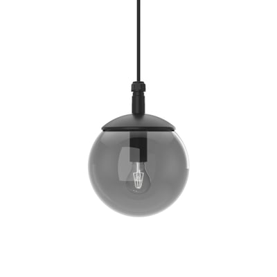 Svedbergs Globus LED-pendellampe med rund, røgfarvet glasskærm og sort ophæng, set lige forfra.