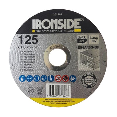 Ironside plan skæreskive til aluminium med 125 mm diameter, 1,6 mm tykkelse og stort centralt hul.