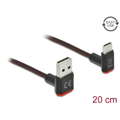 Sort Delock USB 2.0-opladningskabel på 20 cm med EASY-USB Type-A-stik og USB-C-stik, vist med begge stik.