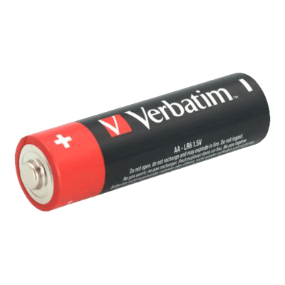 Et Verbatim Alkaline AA LR6 batteri på 1.5V, vist liggende med den røde pluspol og logo tydeligt.