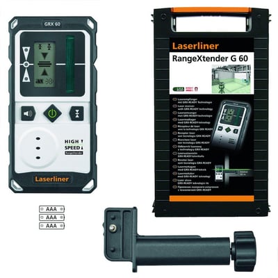 Laserliner RangeExtender G60 lasermodtager/sensor i originalemballage sammen med holder og separat modtager.