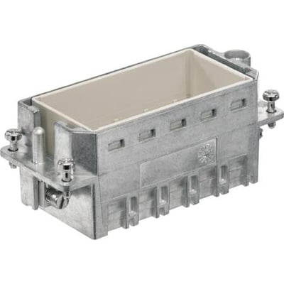 Weidmüller HDC industristik ramme, størrelse 6, i aluminium med plads til 5 moduler og synlige skruer.