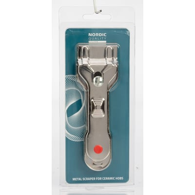 Nordic Quality metalskraber til keramiske kogeplader i sølv, præsenteret i blisterpakning med blå baggrund og grafiske elementer.