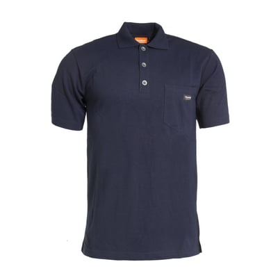 Tranemo poloshirt 590589 i navyblå, flammehæmmende og i str. 3XL, med brystlomme og grå knapper.