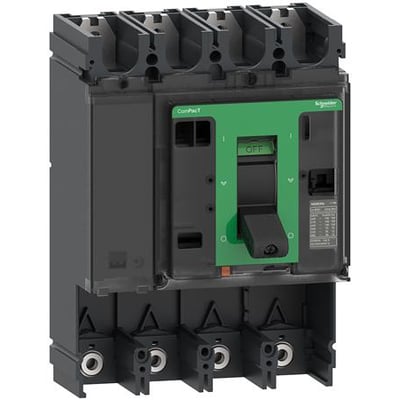 Schneider Electric Maksafbryder NSX400L, 4-polet grundenhed med grøn betjeningsmekanisme og tydelig 'OFF'-indikator.