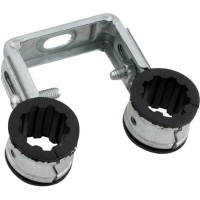 Walraven dobbelt rørklemme i stål med isolering til 28 mm rør, vist med beslag og skruer.