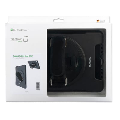 Emballagen viser det sorte 4smarts Rugged Case Grip-cover med håndrem til Apple iPad 10,2 tommer.
