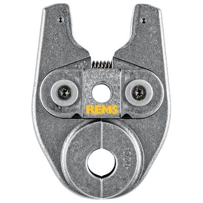 Top view af Rems Mini-presstang G til 20mm rør, vist åben med 'REMS' logo og specifikationer for G20.
