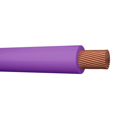 Nærbillede af violet PVT monteringsledning, 1x1 mm² H05V2-K, med synlig mangetrådet kobberleder og glat ydre isolering.