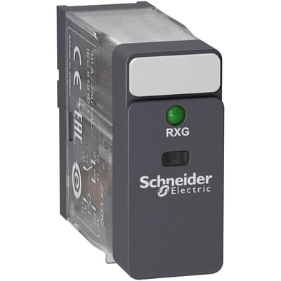 Schneider Electric Harmony RXG stikbensrelæ 10A, 12V DC, med 1 C/O kontakt, grøn LED og testknap.