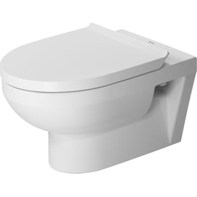 Nærbillede af et hvidt Duravit DuraStyle Basic vægtoilet med lukket SoftClose toiletsæde, monteret på en væg.