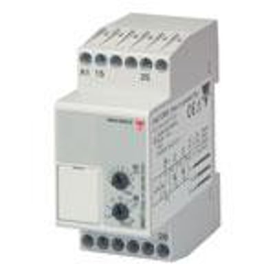 Carlo Gavazzi tidsrelæ med forsinket indkobling, set skråt forfra med tilslutninger og justeringsknapper synlige.