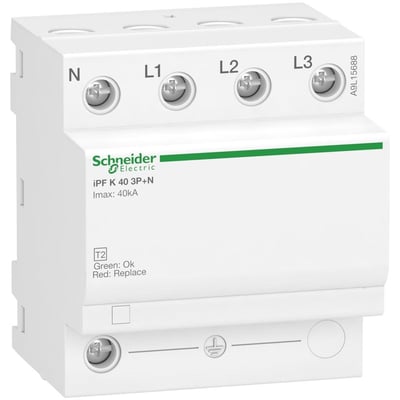 Schneider Electric overspændingsafleder iPF K 40 3P+N, Imax 40kA, vist med mærkning T2 Green: Ok Red: Replace samt serienummer A9L15688.