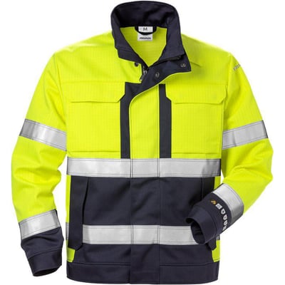 Kansas Flame HiVis arbejdsjakke 125938 i gul og marineblå, str. XS, med reflekterende striber og mange lommer.