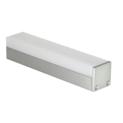 Hvid profil strip rail på 19 x 19 mm til LED-strip, set skråt med lukket endestykke og to skruer.