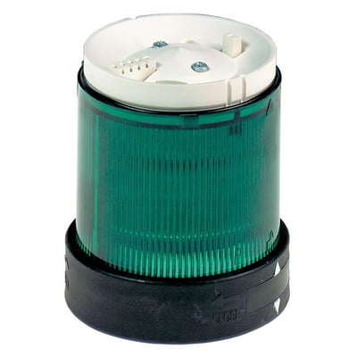 Nærbillede af Schneider Electric XVB lysenhedens top med monteringsdetaljer og den grønne linse.