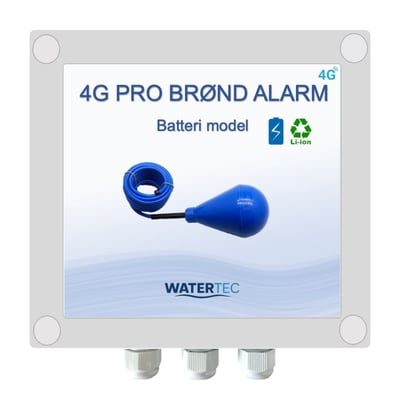 Watertec 4G PRO brøndalarm på batteri med grå styreboks og blå kegleformet niveauvippe med kabel.