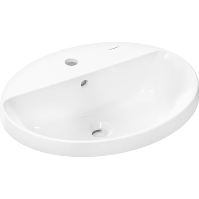 Detaljeret billede af Hansgrohe Xuniva D håndvasken med overløb og hanehul, fremstillet af hvidt porcelæn til nedfældning.