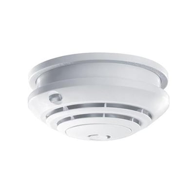 Esylux Protector K røgalarm til 230V med 9V backup, hvid rund model med ventilationsslidser og testknap, monteret på hvid baggrund.