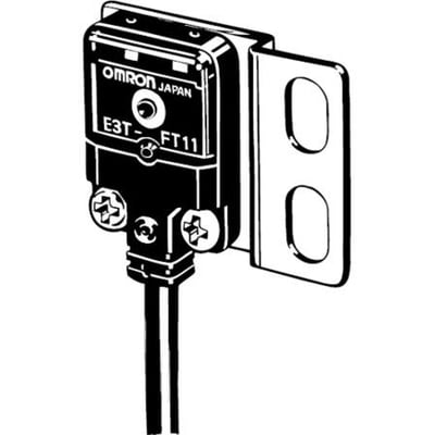 Omron E3T-FT11 sensor med monteringsbeslag, vist i sort-hvid tegning med kabel.