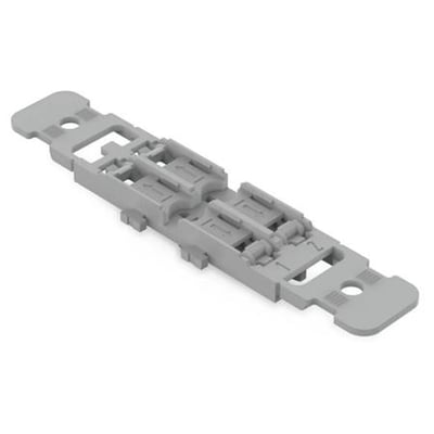 Wago monteringsholder til 2-vejs trækaflastning med snap in-fod i grå plast på hvid baggrund.
