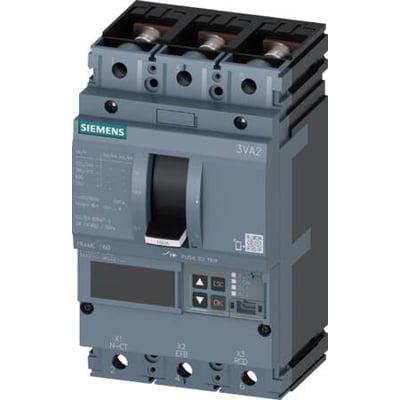 Siemens 3VA21 3-polet maksimalafbryder 40A, 55KA, ETU850 B med digital display og manuel betjeningshåndtag set fra fronten.
