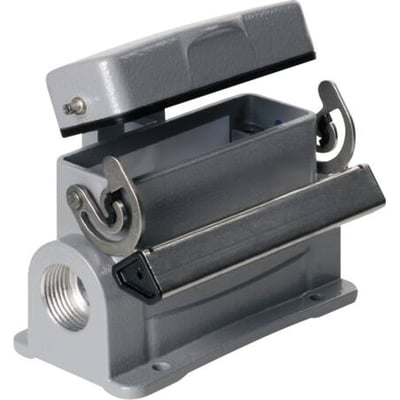 Weidmüller HDC industristik sokkelhus, størrelse 5, til 2xPG16, med én bøjle og låg i grå metal.