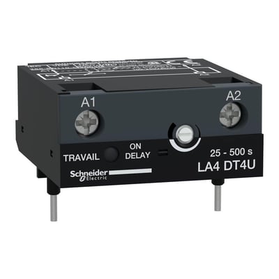 Schneider Electric LA4DT4U timerrelæ med elektronisk indkoblingsforsinkelse fra 25 til 500 sekunder, med 44mm bredde.