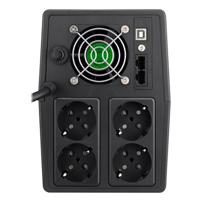 Bagpanelet på en PowerWalker VI 2000 SCL UPS, med 4 Schuko-stik, USB-port, RJ45-stik og køleblæser.