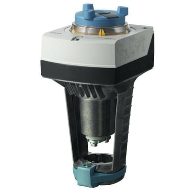 Siemens SAV81P00 ventil aktuator i grå og hvid med blå detaljer, 1100N kraft og 40mm vandring.