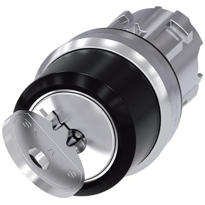 Siemens RONIS nøgleafbryder, 22mm, rund, metal med højglans og en indsatsnøgle med Siemens logo.