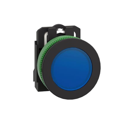 Nærbillede af Schneider Electric XB5FVB6 signallampe med blå lysflade og synlig fastgørelsesmekanisme, 24V.