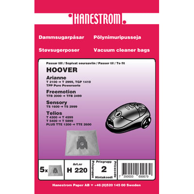 Hanestrom støvsugerposer H 220 til Hoover Arianne og Telios støvsugere, pakke med 5 stk.