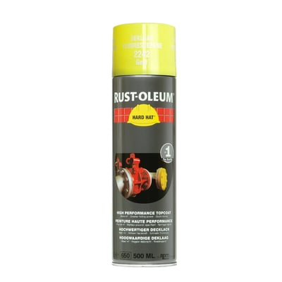 Rust-Oleum Hard Hat 2242 spraydåse i flour gul med teksten 'DEKLAAG FLUORESZEREND 2242 Gel' og et billede af en rød ventil.
