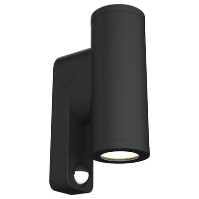 Sort Ansell Lighting Reef S væglampe med cylindrisk armatur, op- og nedlys samt synlig PIR-sensor.
