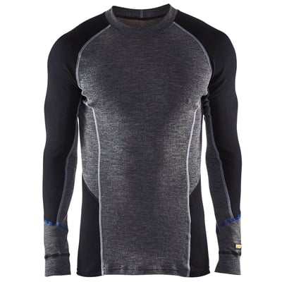 Blåkläder WARM termoundertrøje i grå og sort med lange ærmer, vist forfra; modellen er i merinould, str. 4XL.