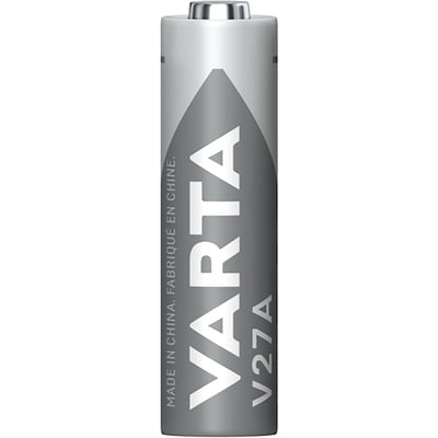 Sølvfarvet VARTA V27A alkalisk specialbatteri med 12 V, set oprejst med batteripolen øverst.