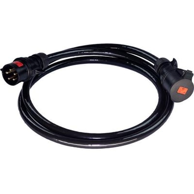 Sort 50 meter kabelsæt med 63A CEE stikprop og forlængerled, lavet af fleksibelt PUR aluminiumskabel.