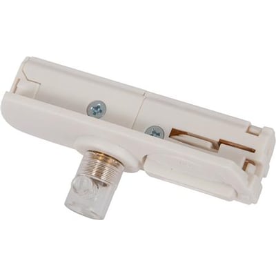 Hvid Vento pendeladapter i plast og stål, der viser monteringsdetaljer og elektriske kontakter for skinnesystemet.