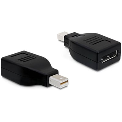 Sort Delock-videoadapter fra Mini DisplayPort-hanstik til DisplayPort-hunstik, vist fra begge ender.