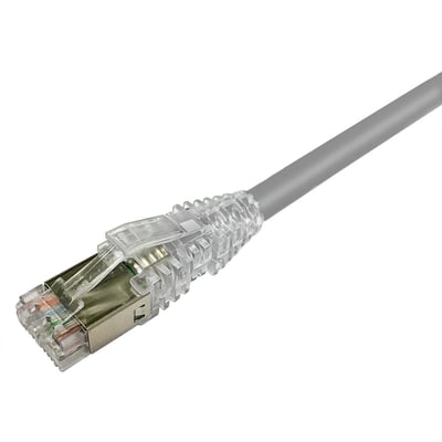 CommScope patchkabel KAT.6A S/FTP LSZH 20m grå, viser den transparente RJ45-stik og grå kabel på hvid baggrund.