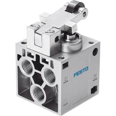 Festo Roller lever v. R-5-1/4-B, et kompakt pneumatisk ventilhus i metal med synlige gevindtilslutninger og et drejeligt rullehoved på toppen.