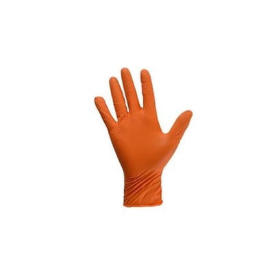 Orange nitril engangshandske i størrelse XL med tydelig diamantstruktur for øget greb, vist på hvid baggrund.