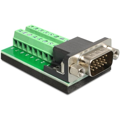DeLock HD-15-adapter til klemrække med VGA-hanstik, set skråt forfra med grønne skrueklemmer og sort hus.